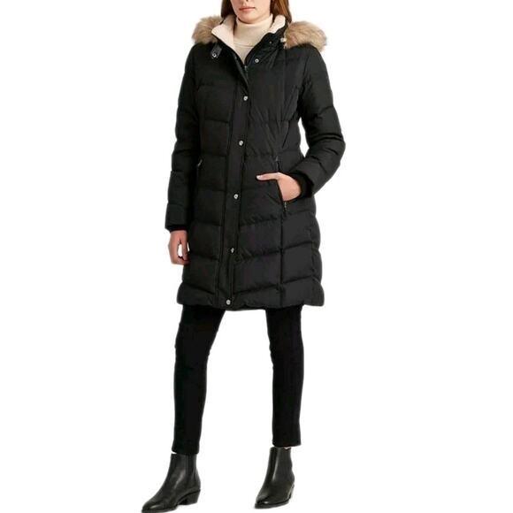 Lauren Ralph Lauren Womens Down Faux Fur Trim Black Hooded Puffer Coat XL EUC - Picture 12 of 12